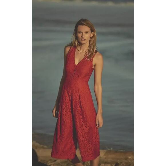 Anthropologie Moulinette Soeurs Jaeda Red Lace Sleeveless Wide Leg Jumpsuit - Picture 2 of 8